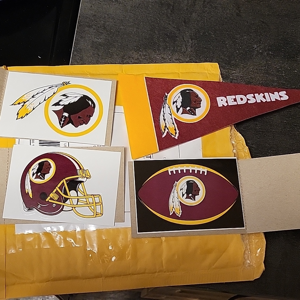 Authentic Redskins NFL stickers and flag with original mascot